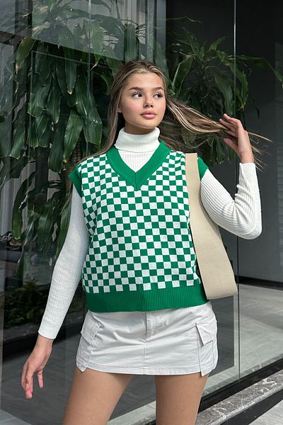 la & vetta Green Checkerboard Patterned V-Neck Knitwear Sweater