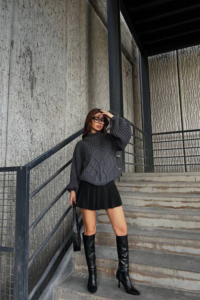 Gallogi High-Rise Long Sleeve Anthracite Knitwear Sweater