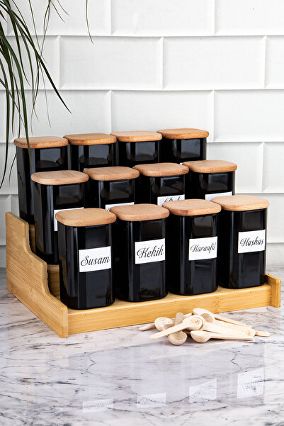 DNS HOME 12-Piece 250ml Bamboo Stand Vacuum Wood Lid Porcelain Appearance Acrylic Spice Rack Spoon Sticker