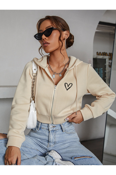 Fun Fashion Cardigan crop oversize cu glugă cu imprimeu inimă bej pentru femei