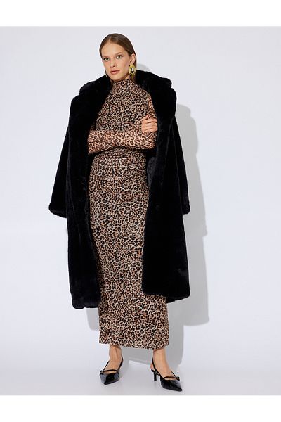 Koton Zeynep Bastık Long Leopard Print - Stand γιακά και μακρυμάνικο μολύβι φόρεμα