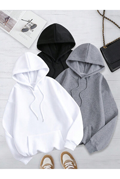 Fun Fashion Unisex 3 İplik Kalın Basic Oversize Kalıp 3'lü Kapüşonlu Sweatshirt