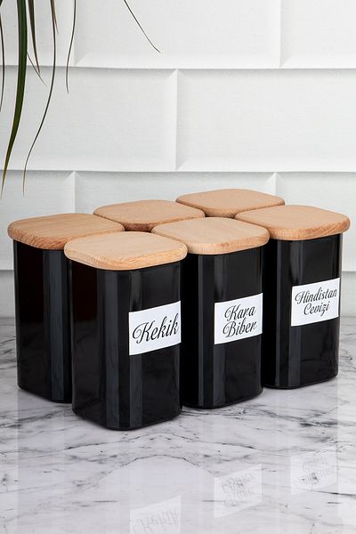 DNS HOME 250 ml Vacuumed Bamboo - Black Acrylic Spice Bowl Set with 6 Labels as a Gift