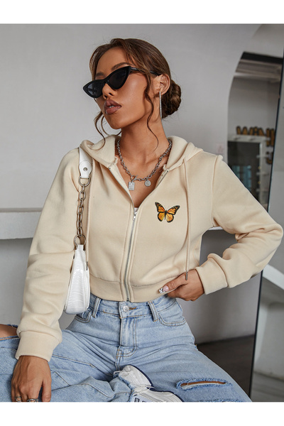 Fun Fashion Kadın Bej Kelebek Baskılı Kapüşonlu Oversize Crop Hırka