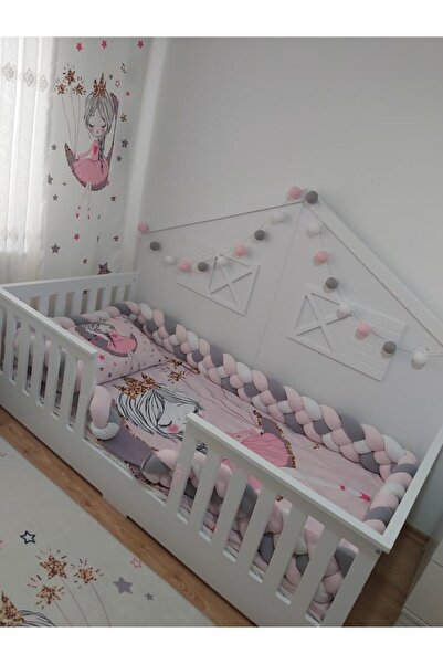 ısıklıtoplarrengarenk 500 cm 4-piece knitted crib protector in powder pink gray white