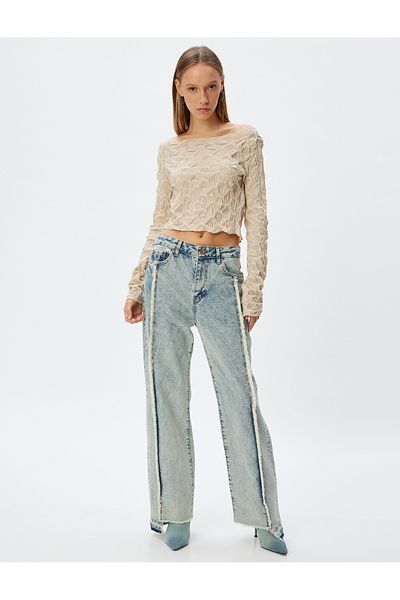 Koton Textured Long Sleeve Crop T-Shirt - Boat Neck Wrap