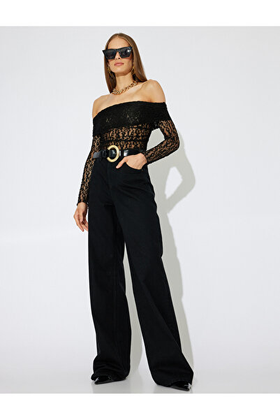 Koton Μπλούζα με δαντέλα Zeynep Bastık Leopard - Διαφανής από τον ώμο, μακριά μανίκια