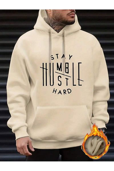 aynewmoda Ecru Oversize Hooded Sweatshirt - Front Printed'Stay Humble'