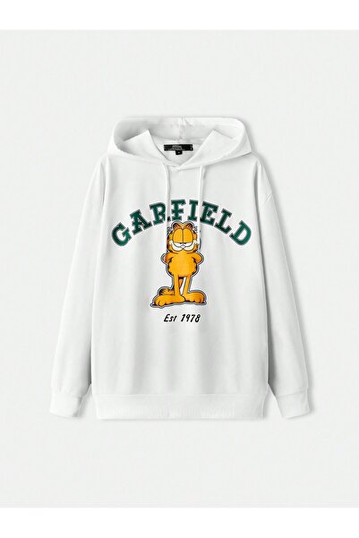 Genel Markalar garfield ön baskılı beyaz oversize kapşonlu sweatshirt hoodie