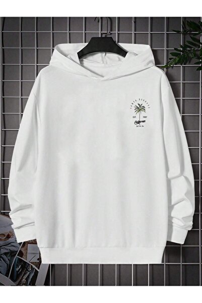 aynewmoda Santa Barbara White Oversize φούτερ με κουκούλα - εμπρός και πίσω εμπριμέ φούτερ