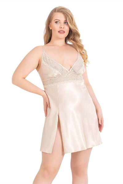 AHU Plus Size Ivory Κοντό διπλό σατέν νυχτικό νυχτικό 6154