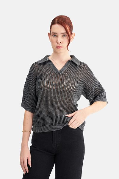 Mesfeno Women's Effect Washed Short Sleeve Collared Knitwear Sweater