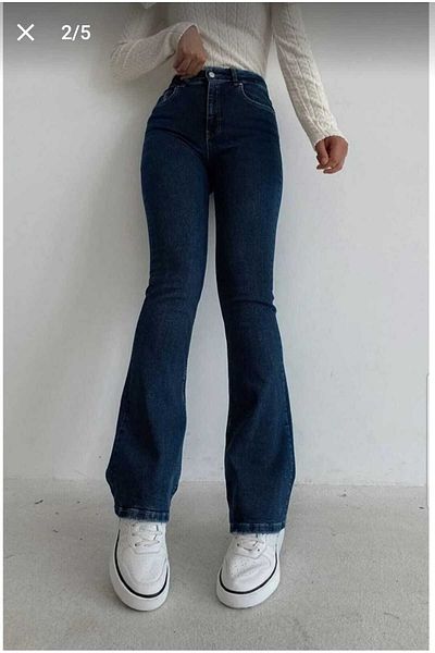 LİMABEL Dark Blue Flare Leg Denim Pants High Waist Flare Jeans Gathering