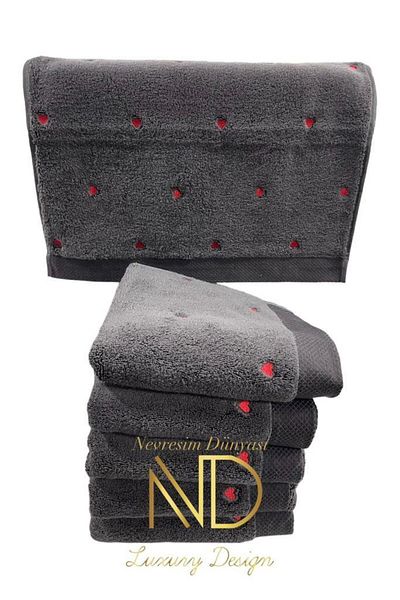 CEKAVE Lubow Love Dark Gray Red Embroidered 50x90 6-Piece Towel Set