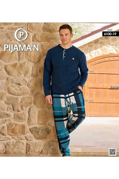 Pijamoni Σετ ανδρικές πιτζάμες με καρό σχέδιο Navy Blue Turquoise Fleece
