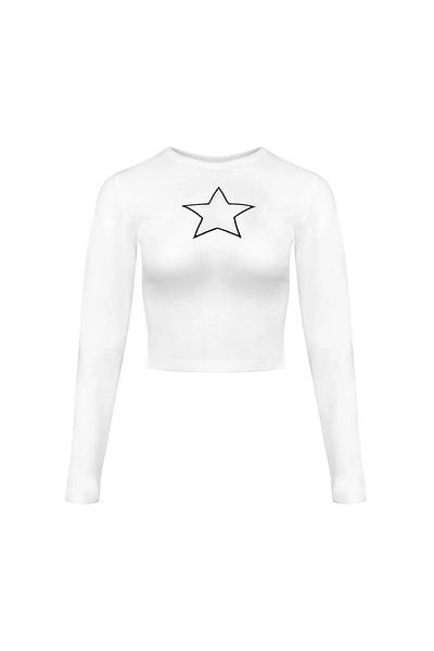 Gofeel Harajuku Star Print See-Through Detail Long Sleeve White Crop Top Blouse