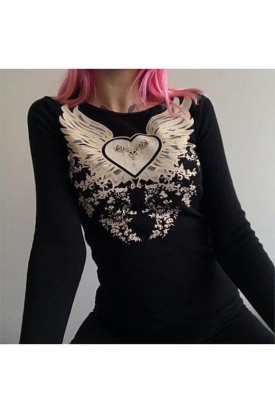 Gofeel Harajuku Grunge Black Long Sleeve Heart Wings Fashion