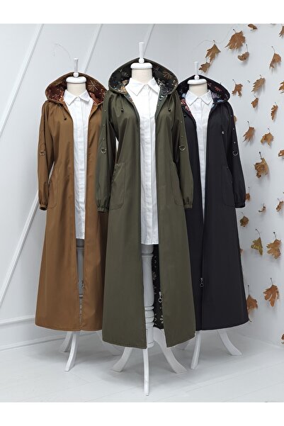 Modamorfo Metal Detaylı Fermuarlı Kapşonlu Trenckot -haki