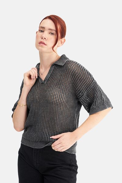 Mesfeno Women's Effect Washed Short Sleeve Collared Knitwear Sweater