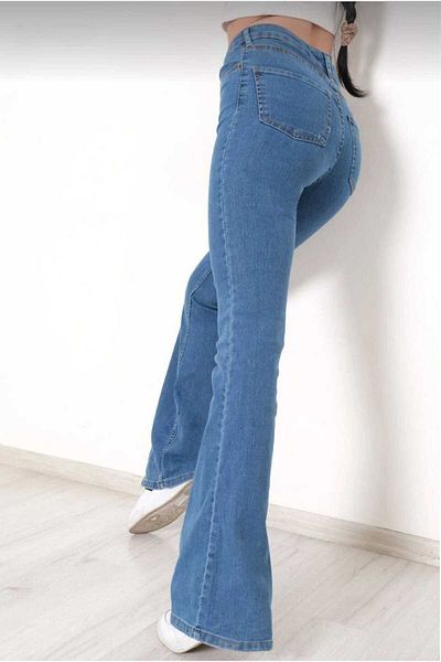 LİMABEL Blue Flare Leg Jeans High Waist Flare Jeans Gathering Extra Comfortable