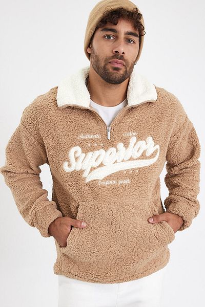 MADZEYMODA New Season Ανδρικό μισό φερμουάρ Λεπτομερές μπεζ βελούδινο φούτερ Mz81006