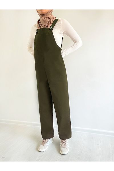 FREYA MODA Comfortable Cut Khaki Jumpsuit - Front Kangaroo Pocket