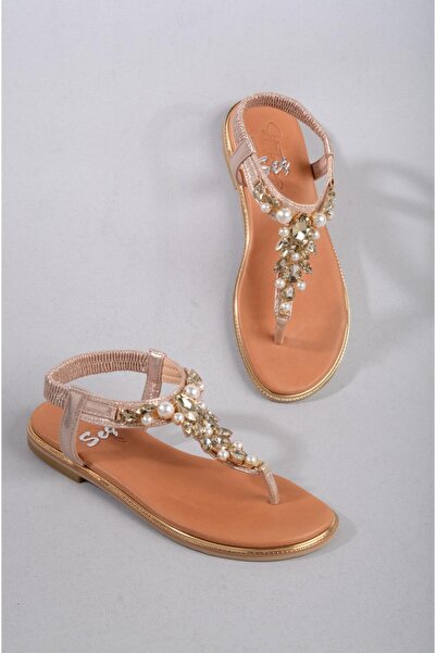 SEÇ KUNDURA SEÇ 214 - Sandale din piele naturală cu detalii de piatră de culoare aurie