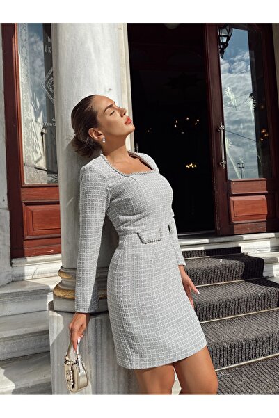 1Moda1Tarz Γυναικείο μίντι φόρεμα με γκρι γιακά και πέτρα με επένδυση ειδικής σχεδίασης