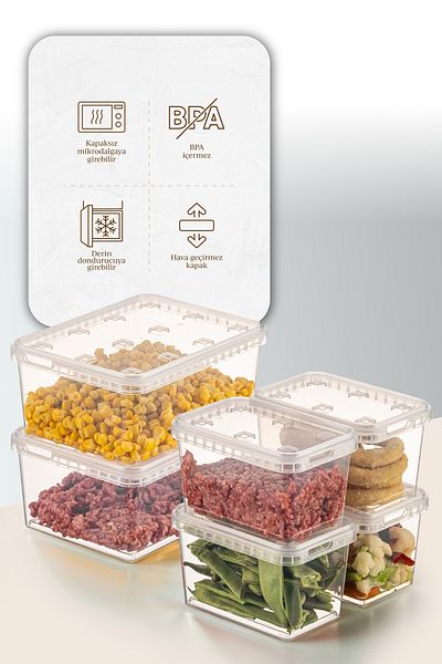 Vienev Clear Storage Container - 6-Piece, 2X(1.5 Lt)-4X(0.7 Lt) Block, Refrigerator and Deep Freezer, Leak-Proof