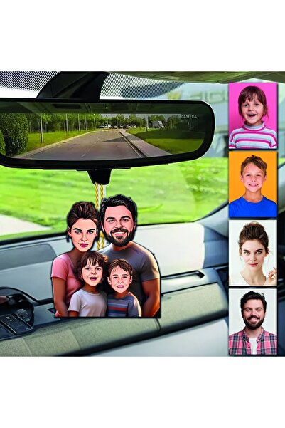 wonderlike 4 Kişi Anne-Baba Çoçuk Tasarımlı Ahşap Araba Dikiz Ayna Süsü