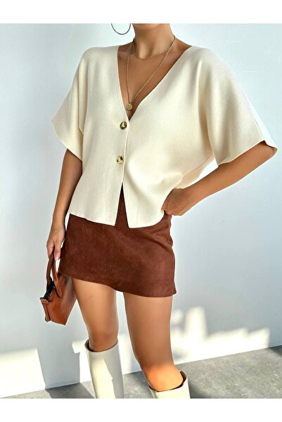 Liora Ecru Women's Cardigan - Short Sleeve and Gold Buttons