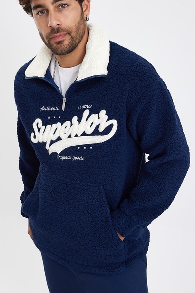 MADZEYMODA Новий сезон Чоловічий светр з напівзастібкою та деталями з темно-синього плюшу Mz81006