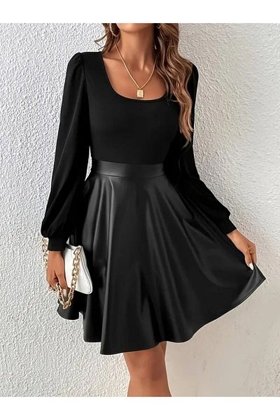 Home Women's Long Sleeve top Viscose Bottom Flared Leather Dress