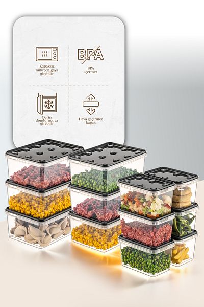 Vienev 12-Piece Transparent Anthracite Block Refrigerator and Freezer Leak-Proof Storage Container