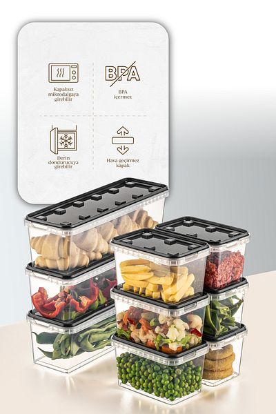 Vienev 9-Pack Clear Anthracite Block Fridge and Deep Freezer Leak-Proof Storage Container - 1.4 Lt-0.7 Lt