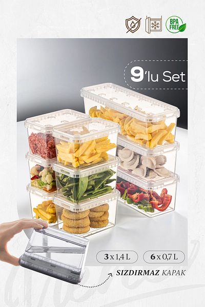 Vienev Clear 9-Block Refrigerator and Deep Freezer Leak-Proof Storage Container - 1.4 Lt-0.7 Lt