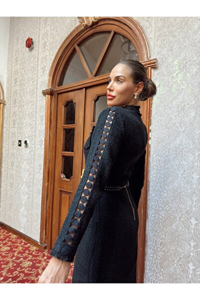 1Moda1Tarz Γυναικείο μαύρο εισαγόμενο ύφασμα τουίντ φόρεμα ειδικής σχεδίασης με κολιέ τσέπης και μέσης