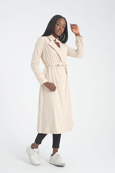 Soydan Güner Su Geçirmez Kırışmaz Esnek Astarsız Ara Boy Yazlık Trençkot Krem 7540