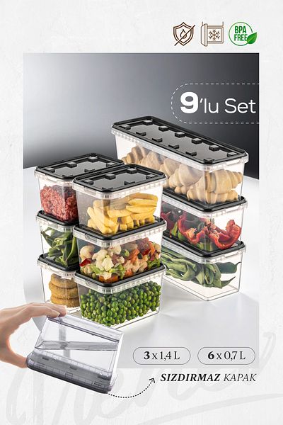 Vienev 9-Pack Clear Anthracite Block Fridge and Deep Freezer Leak-Proof Storage Container - 1.4 Lt-0.7 Lt