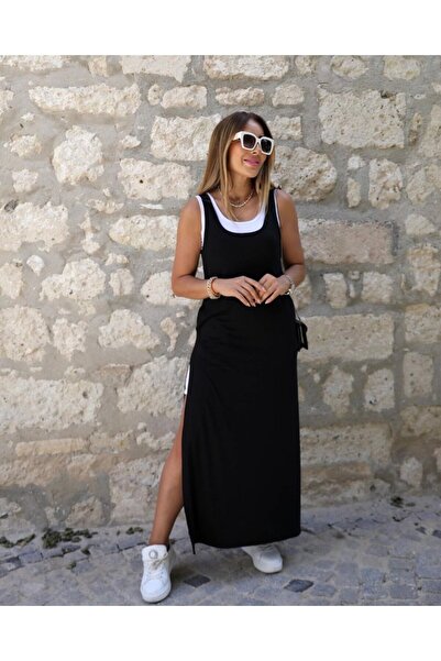 Kokosh moda Kadın Yırtmaç Detaylı Viskon Kumaş Maxi Boy Cepli Iç Dahil Ikili Elbise