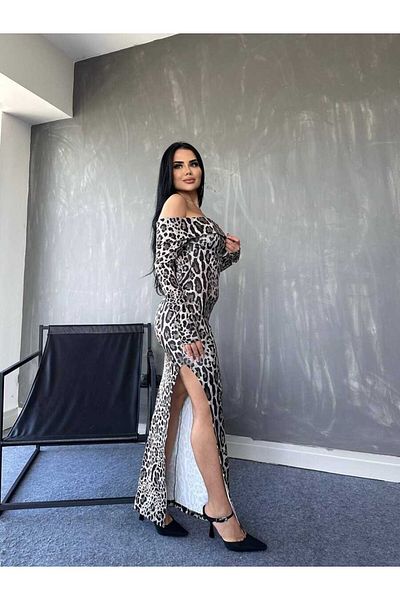 Viyamo Madonna Collar - Leopard Print Deep Slit Maxi Φόρεμα