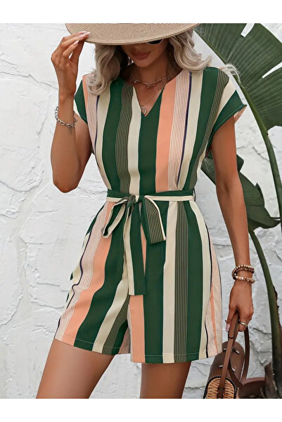 buğrahayalin Women's Short Sleeve V-Neck Waist Belted Linen Jumpsuit