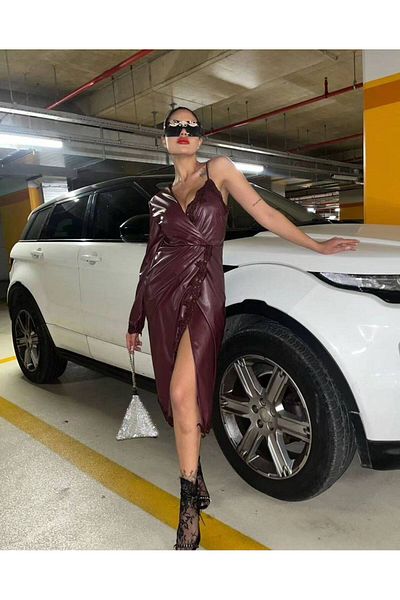 1Moda1Tarz Γυναικείο Μαύρο Εισαγόμενο Δερμάτινο Δαντελένιο Φόρεμα Ειδικού Σχεδιασμού