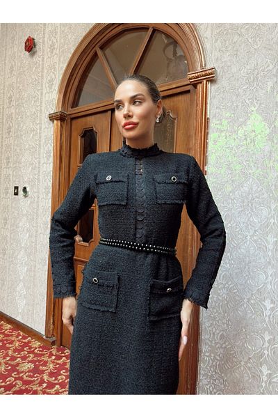 1Moda1Tarz Γυναικείο μαύρο εισαγόμενο ύφασμα τουίντ φόρεμα ειδικής σχεδίασης με κολιέ τσέπης και μέσης