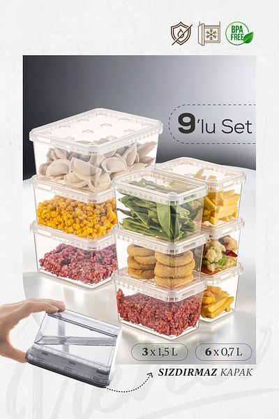 Vienev 9 Clear Storage Containers - 3X(1.5 Lt)-6X(0.7 Lt) Block Refrigerator and Deep Freezer