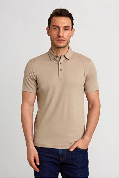Bisse Mercerized Pique Polo Neck Beige Men's T-Shirt