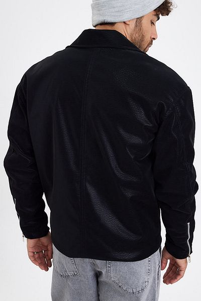 MADZEYMODA Мъжко черно кожено яке с диагонален цип Mz58537