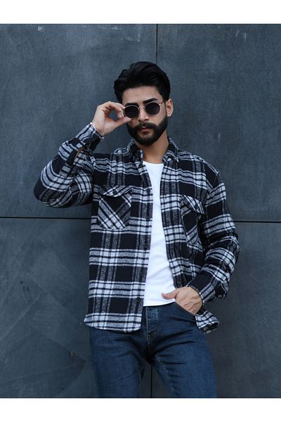 Esra Butik Hane Мъжка риза Lumberjack с дълъг ръкав и копчета, черно-бяла карирана - подходяща за ежедневен стил
