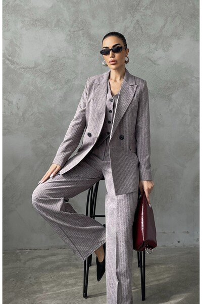 MOCCHI Line Patterned Trousers Jacket Vest 3-Piece Women's Suit