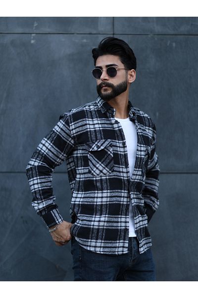 Esra Butik Hane Мъжка риза Lumberjack с дълъг ръкав и копчета, черно-бяла карирана - подходяща за ежедневен стил
